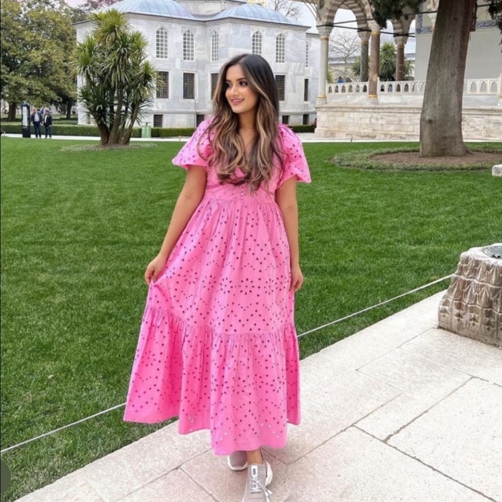 Zara pink openwork embroidery  voluminous cotton dress